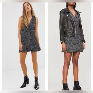 ALL SAINTS BLACK WHITE KRYSTAL SPLASH PRINT RUFFLE WRAP MINI DRESS